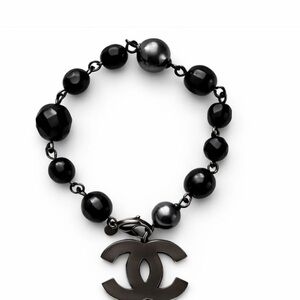 Chanel Black Beaded Bracelet Gunmetal CC Charm Authentic